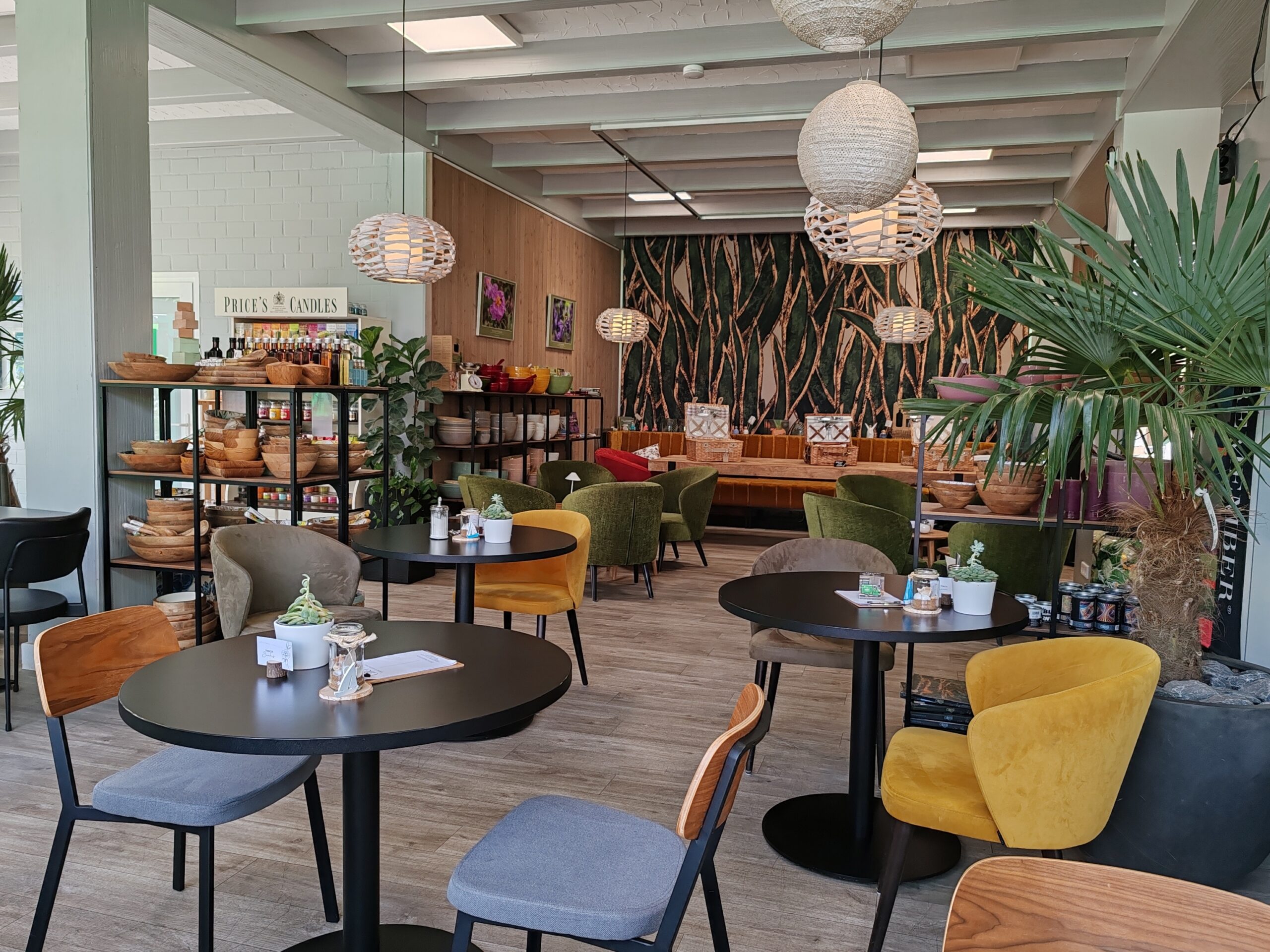 Cafe bunte Sessel großer Holztisch