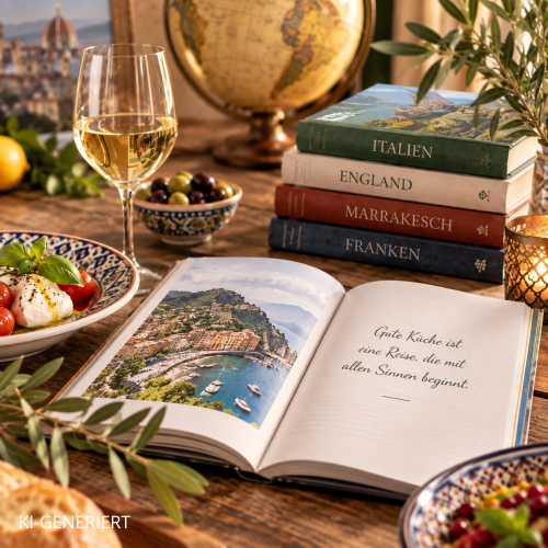 Kulinarisch-literarische Weltreise mit Kochbüchern, Speisen und Wein.